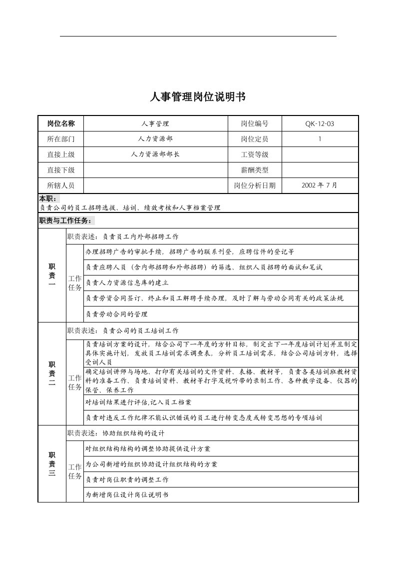 乾坤木业公司人力资源部人事管理岗位说明书