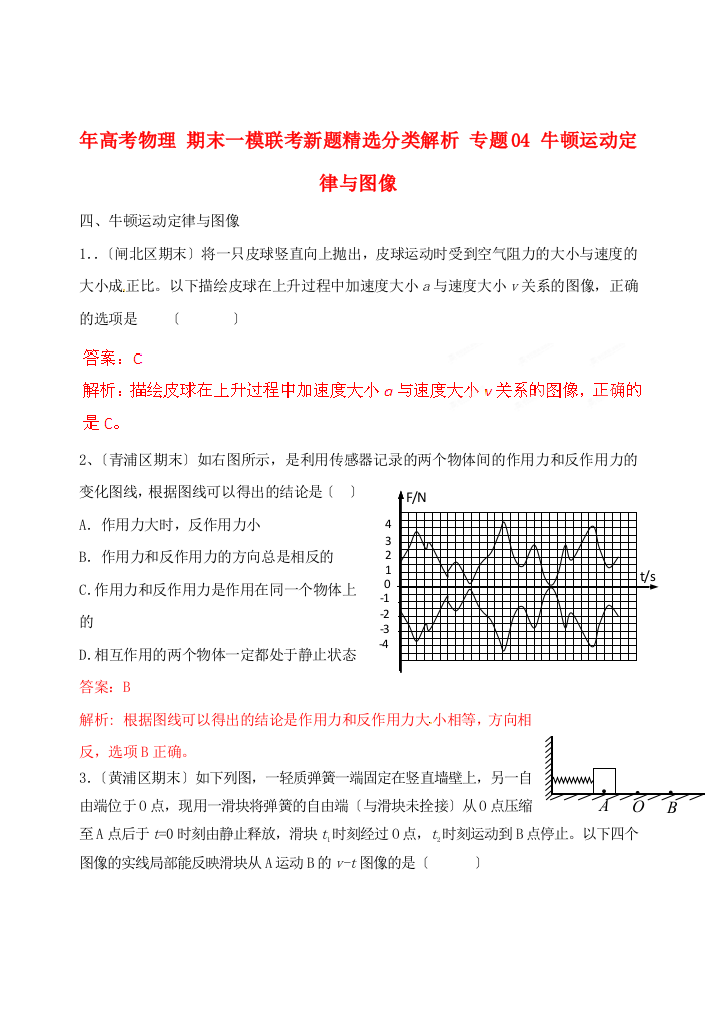 （高中物理）年高考物理期末一模联考新题精选分类解析专题04牛顿