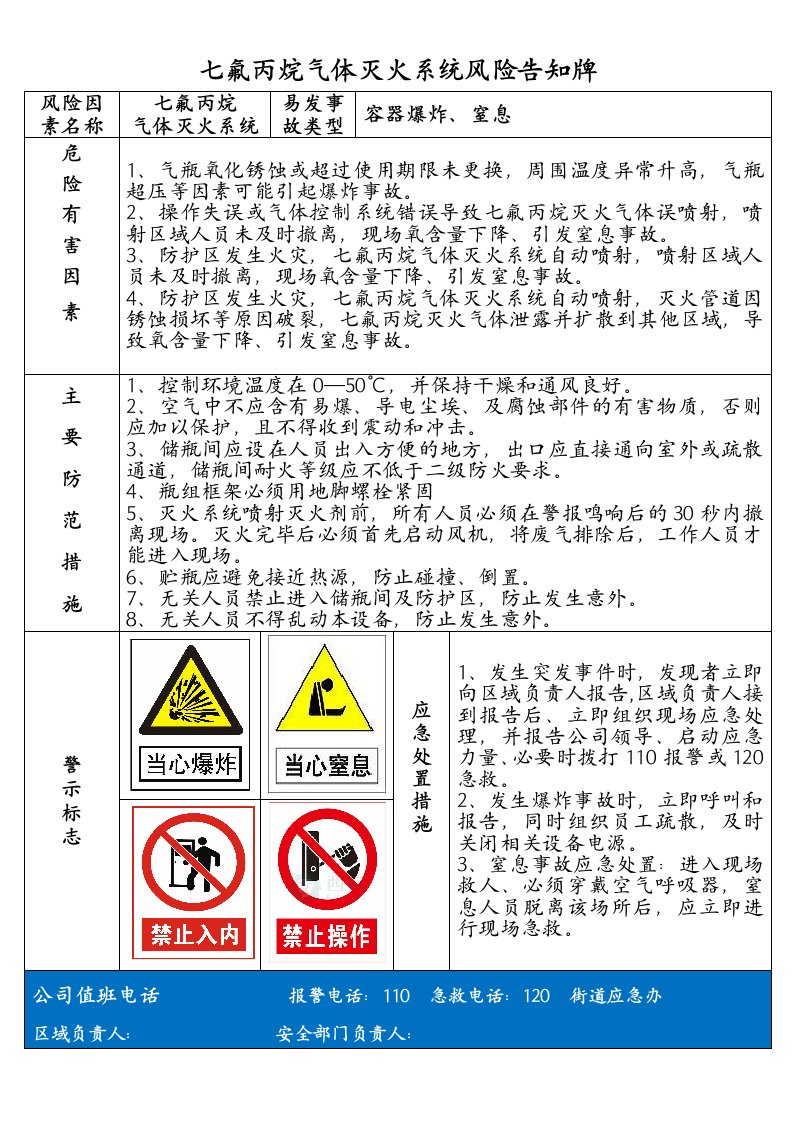 七氟丙烷气体灭火风险告知牌