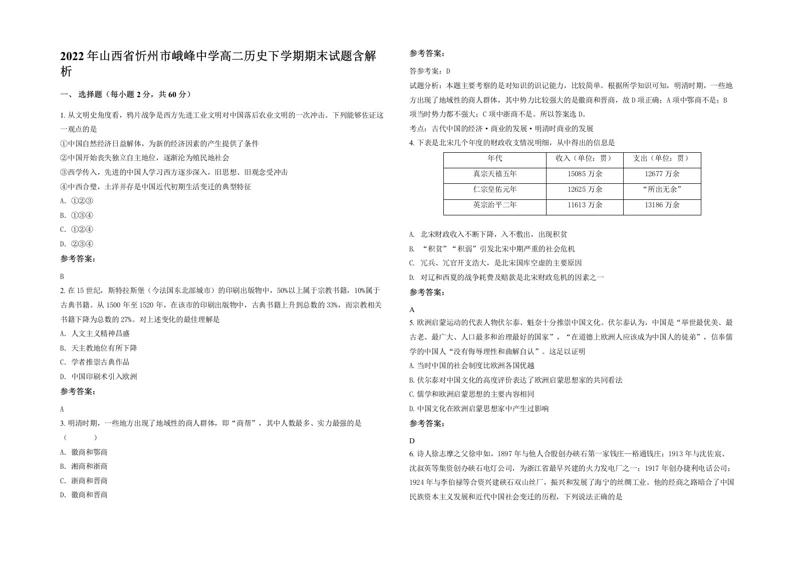 2022年山西省忻州市峨峰中学高二历史下学期期末试题含解析