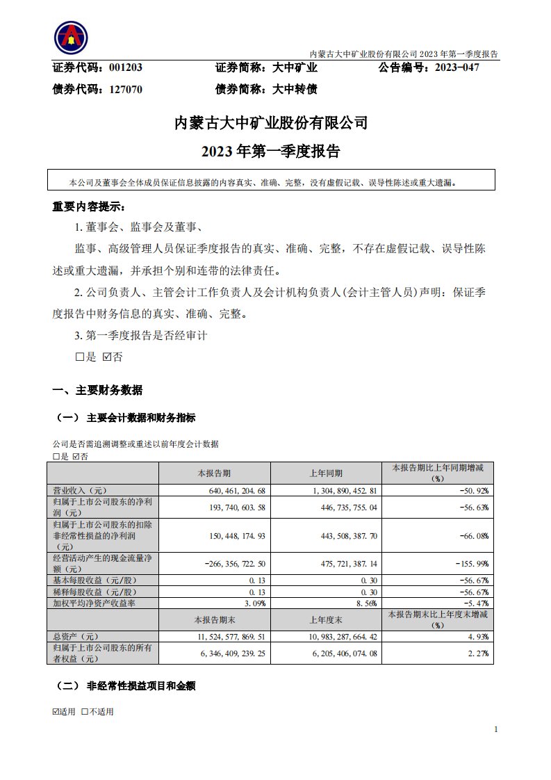 深交所-大中矿业：2023年一季度报告-20230412