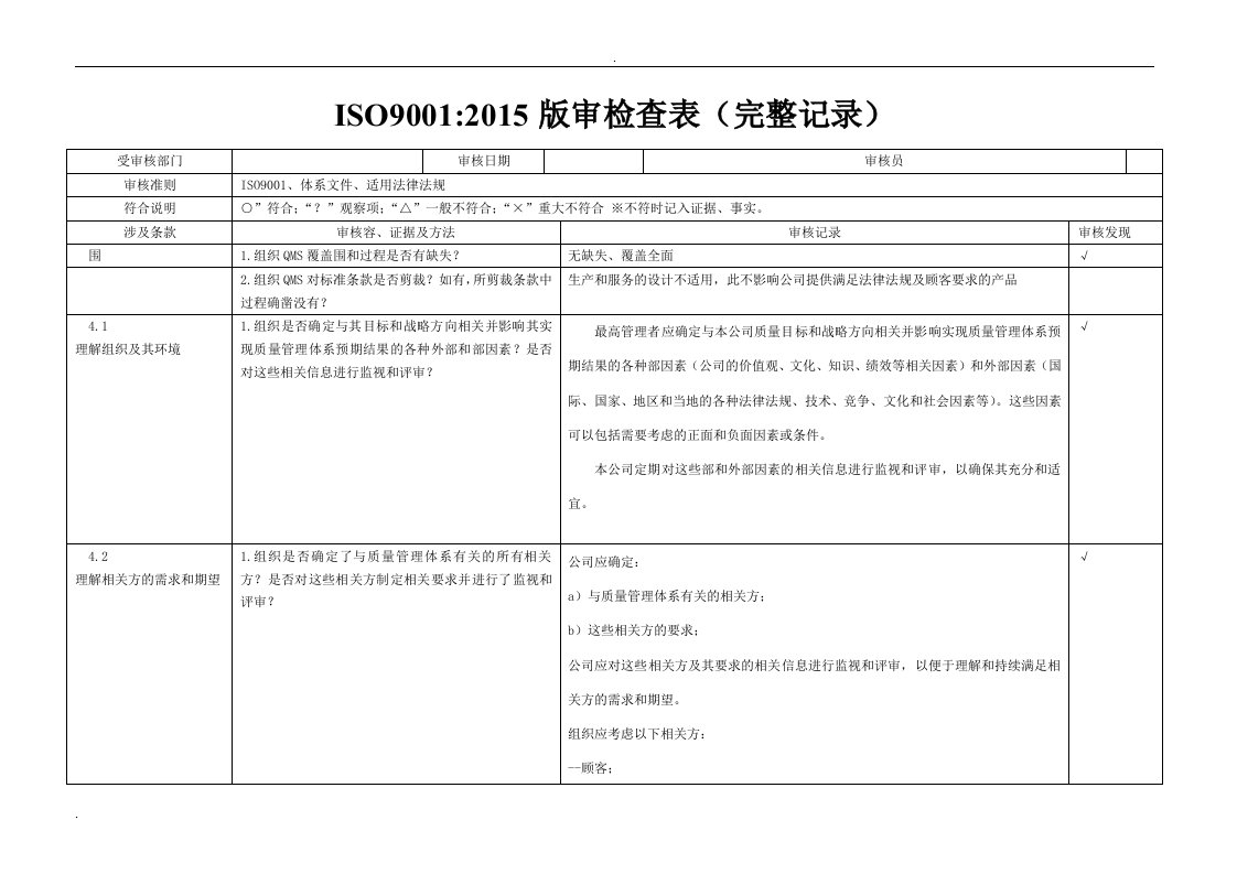 iso9001-2015内审检查表(带完整审核记录)-非常好