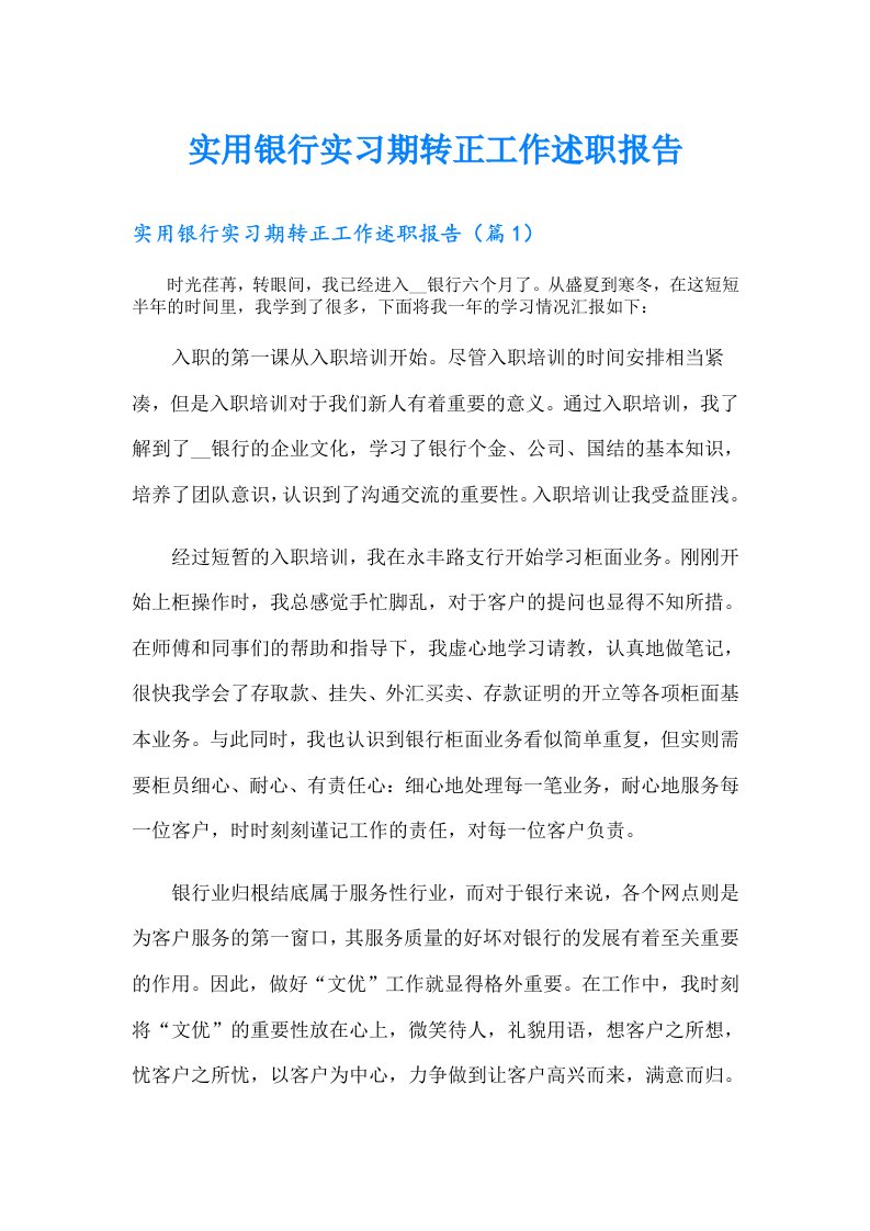 实用银行实习期转正工作述职报告