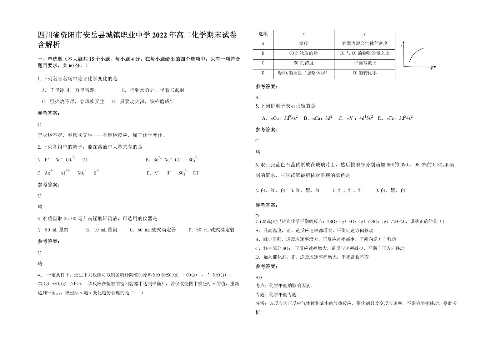 四川省资阳市安岳县城镇职业中学2022年高二化学期末试卷含解析