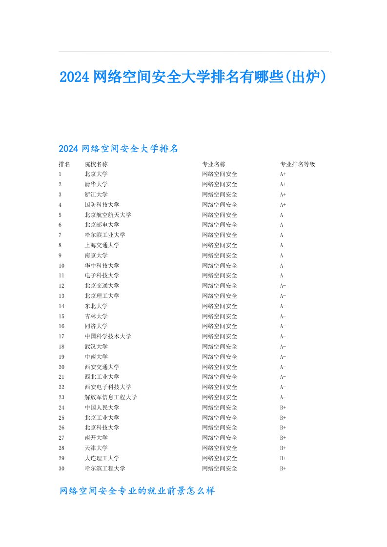 2024网络空间安全大学排名有哪些(出炉)