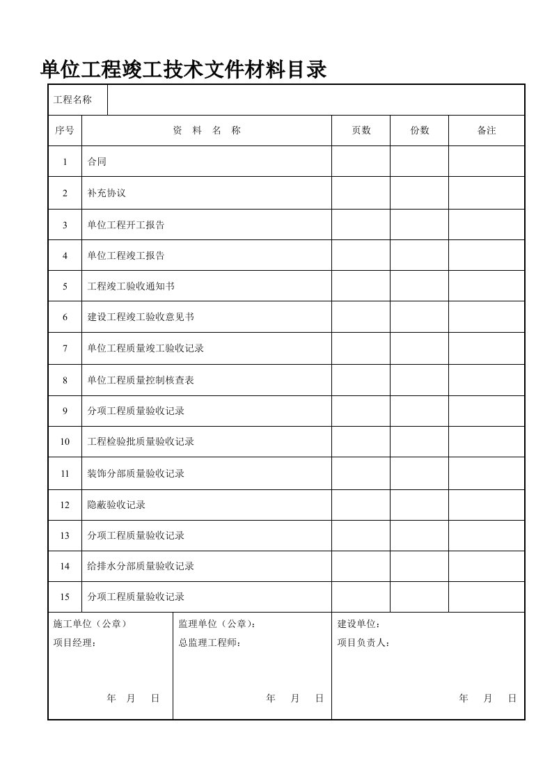 单位工程竣工技术文件材料目录建筑装饰装修工程竣工验收资料表格