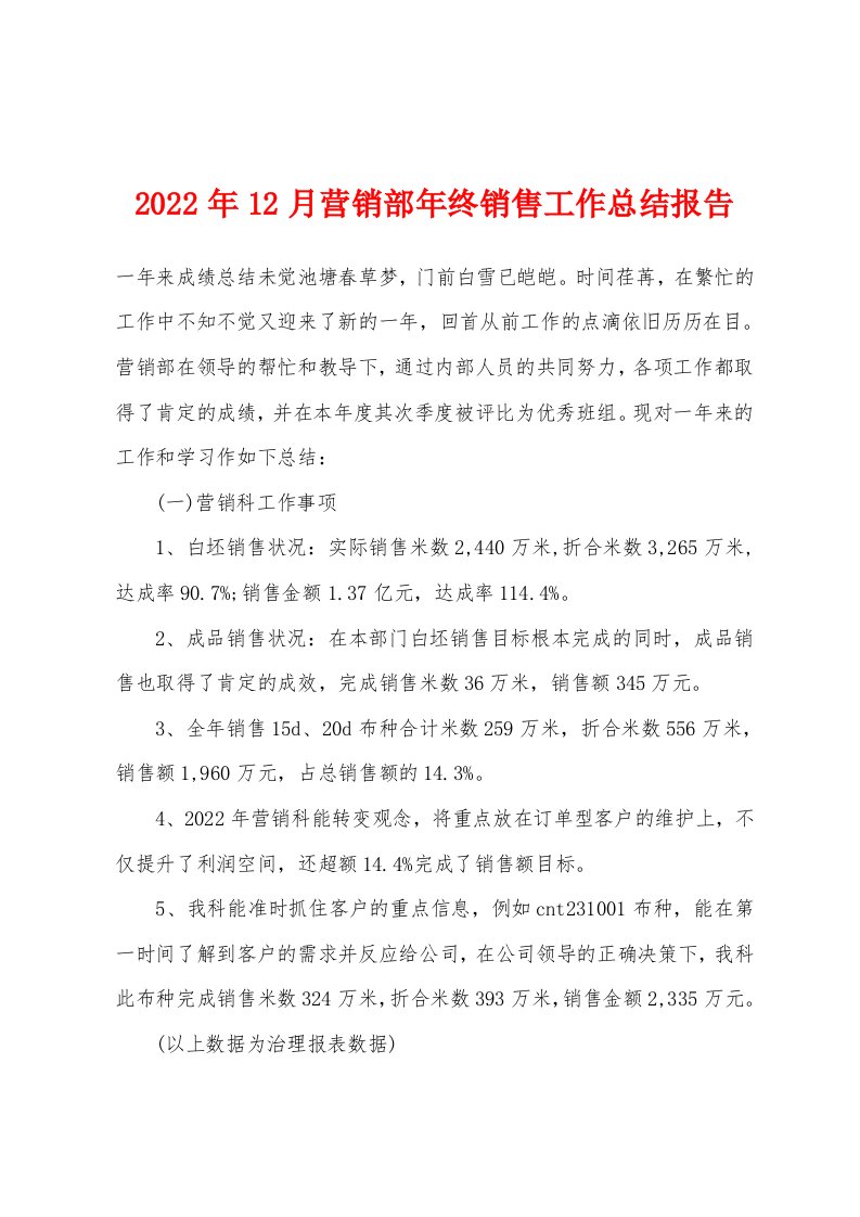 2022年12月营销部年终销售工作总结报告