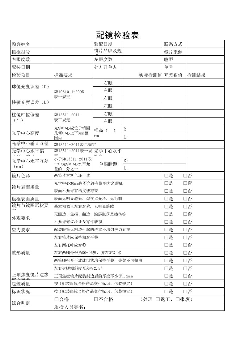 眼镜装配检验表