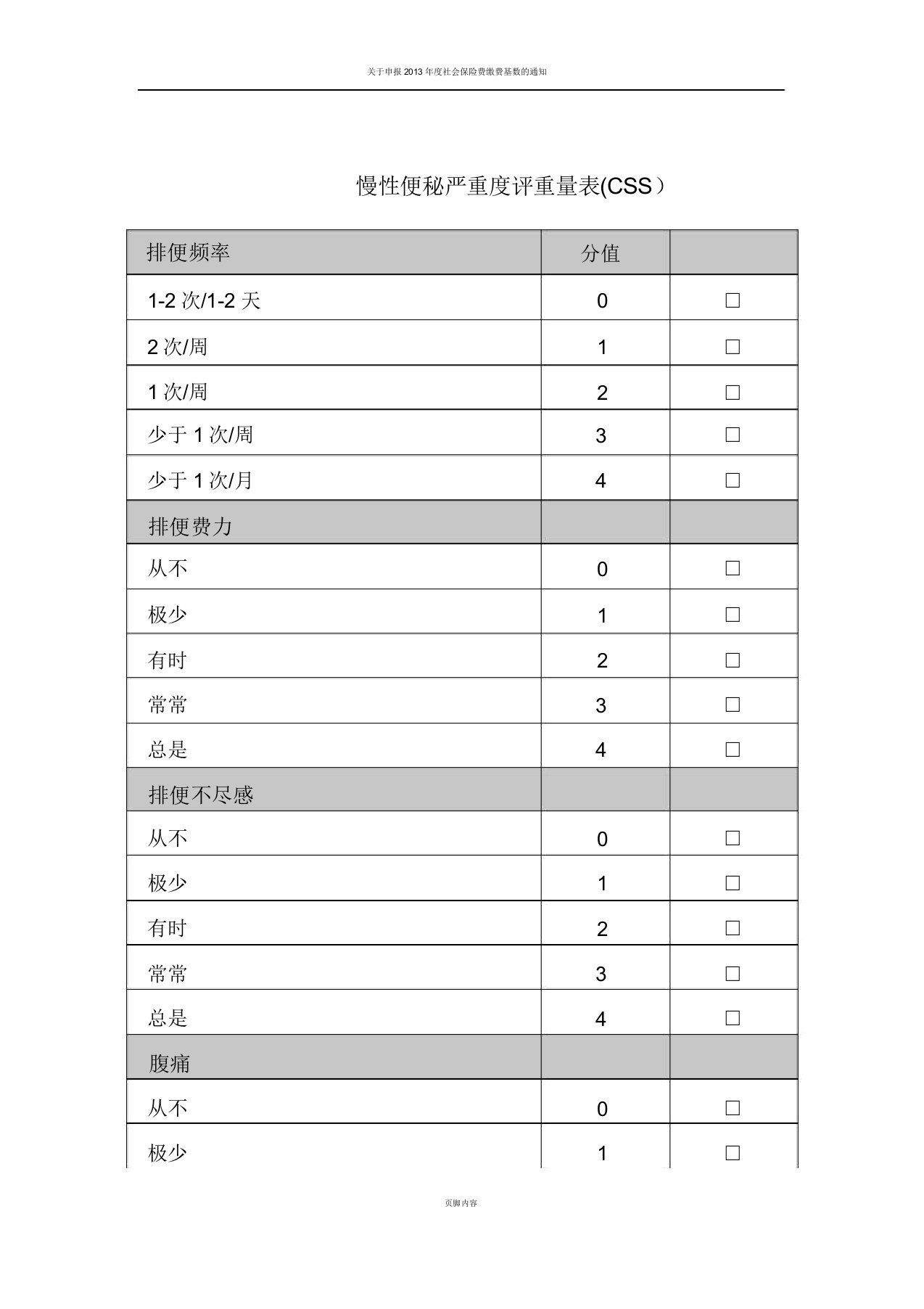 慢性便秘严重度评分量表(css)