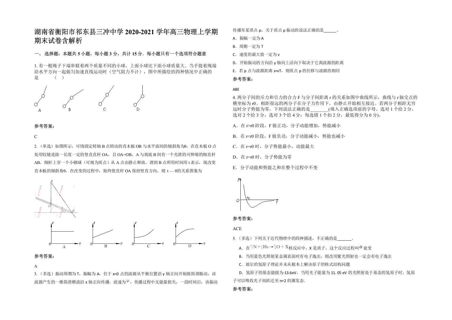 湖南省衡阳市祁东县三冲中学2020-2021学年高三物理上学期期末试卷含解析