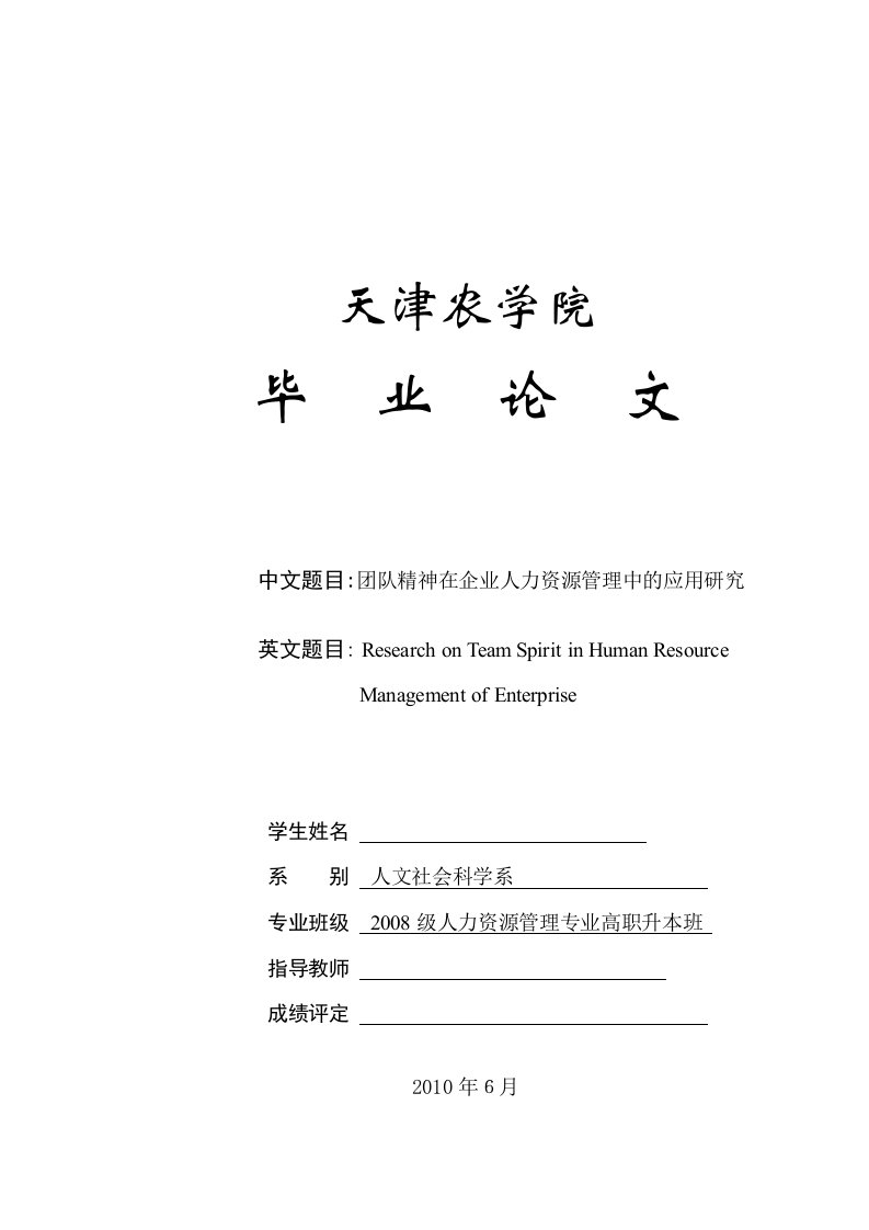 人力资源管理毕业论文-团队精神在企业人力资源管理中的应用研究