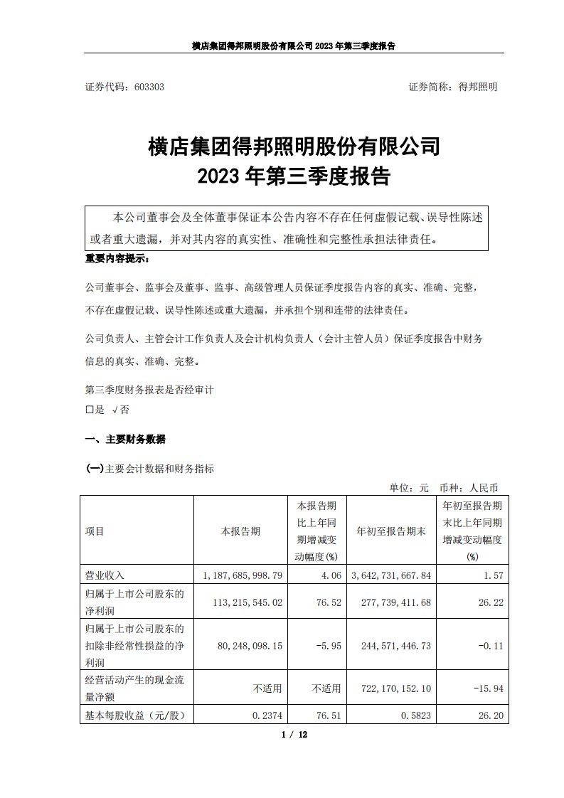 上交所-横店集团得邦照明股份有限公司2023年第三季度报告-20231019