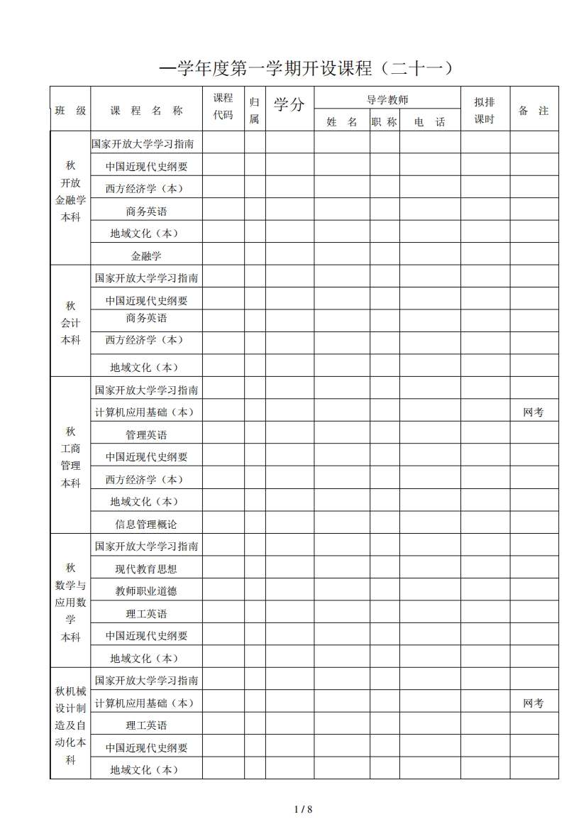 2018—2019学年度第一学期开设课程(二十一)