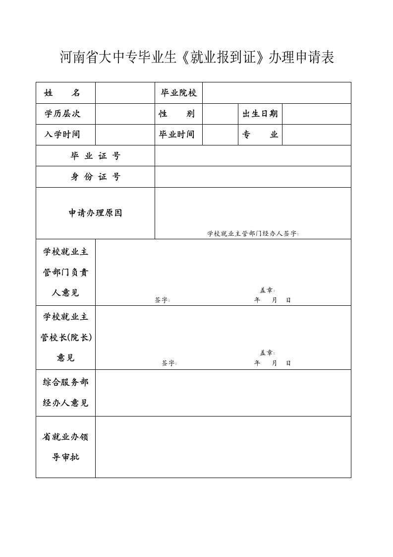 河南省大中专毕业生《就业报到证》办理申请表