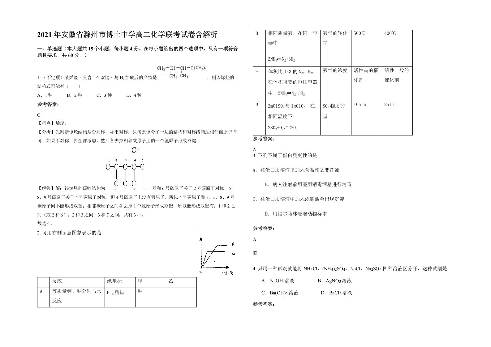 2021年安徽省滁州市博士中学高二化学联考试卷含解析