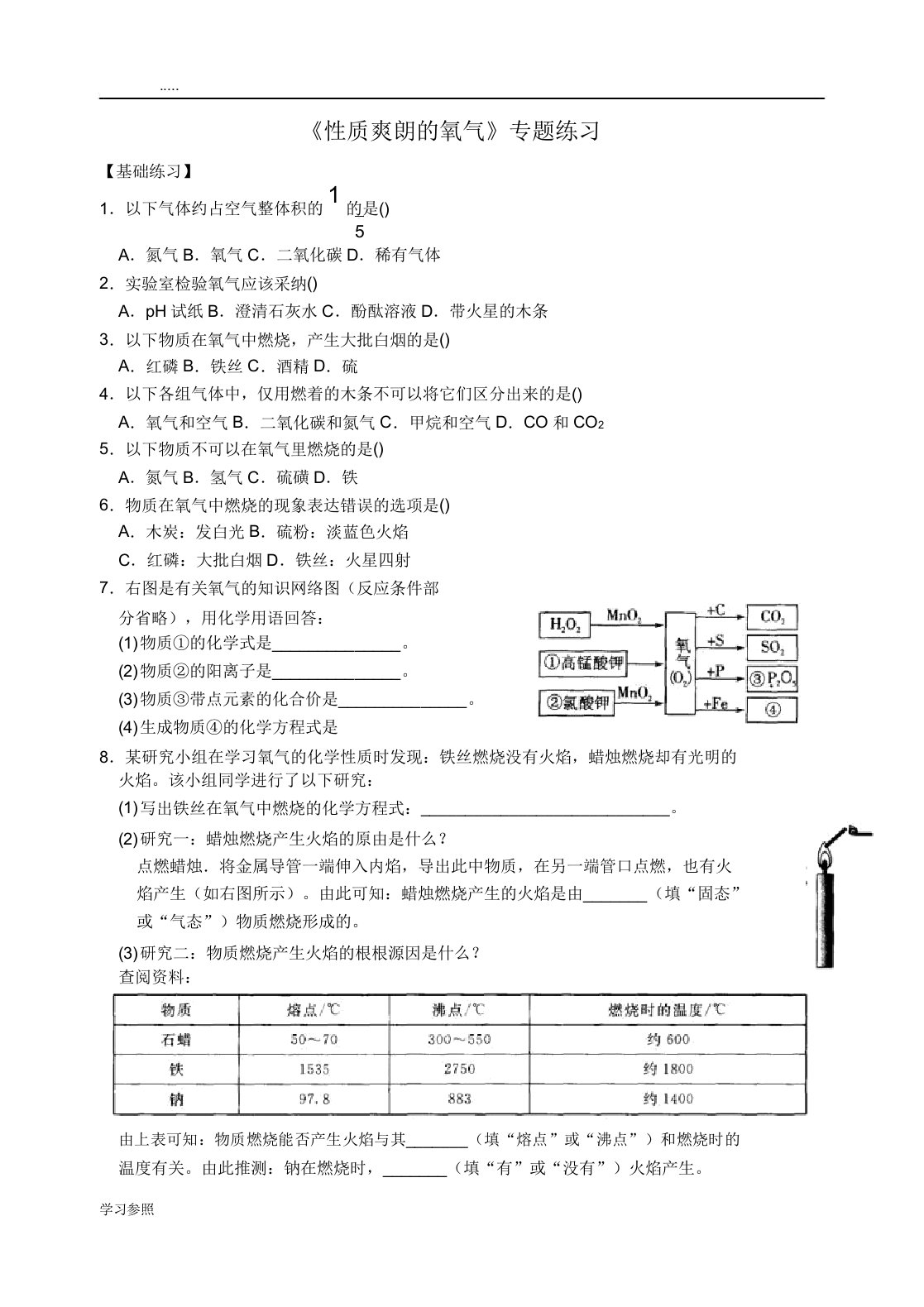 沪教版本初中九年级化学专题汇编《性质活泼的氧气》专题学习复习总结计划练练习习题