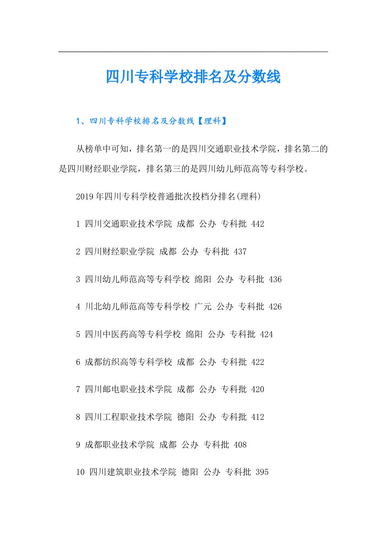 四川专科学校排名及分数线