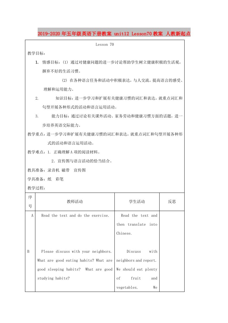 2019-2020年五年级英语下册教案