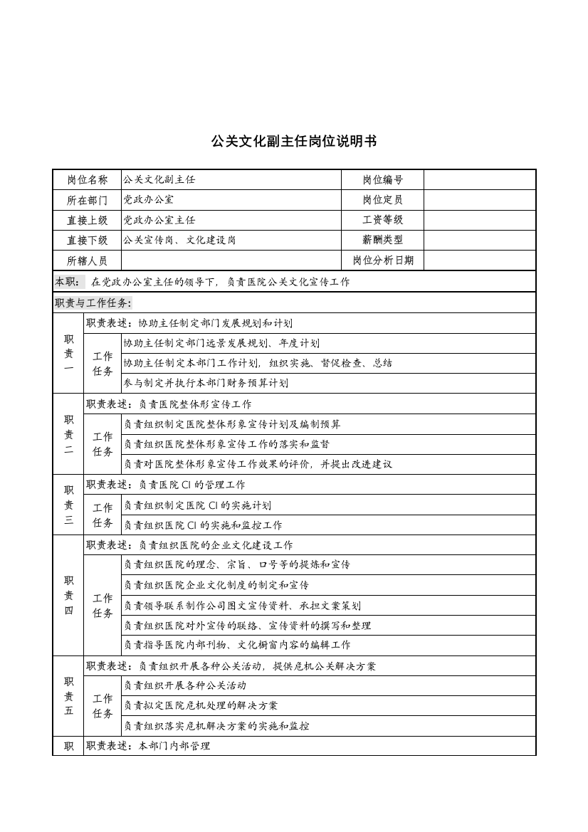 公关文化副主任岗位说明书