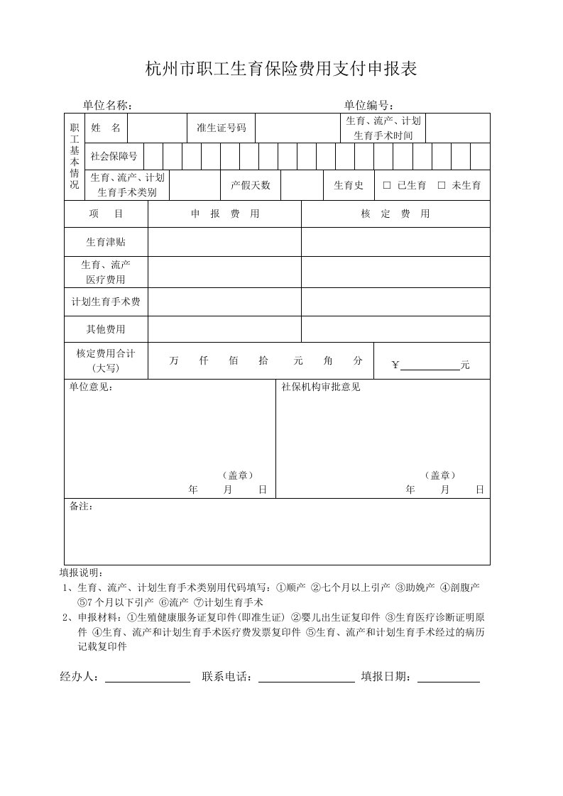 人力资源表单汇编——杭州市职工生育保险费用支付申报表