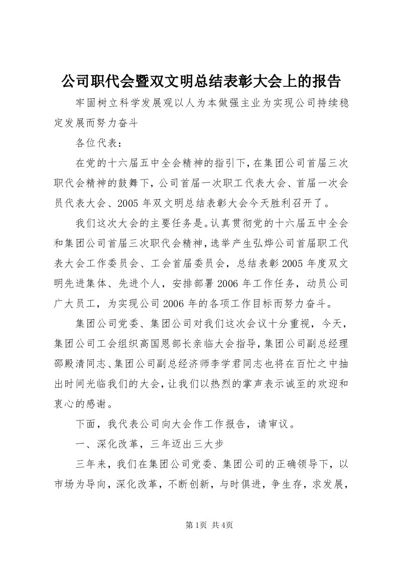 公司职代会暨双文明总结表彰大会上的报告