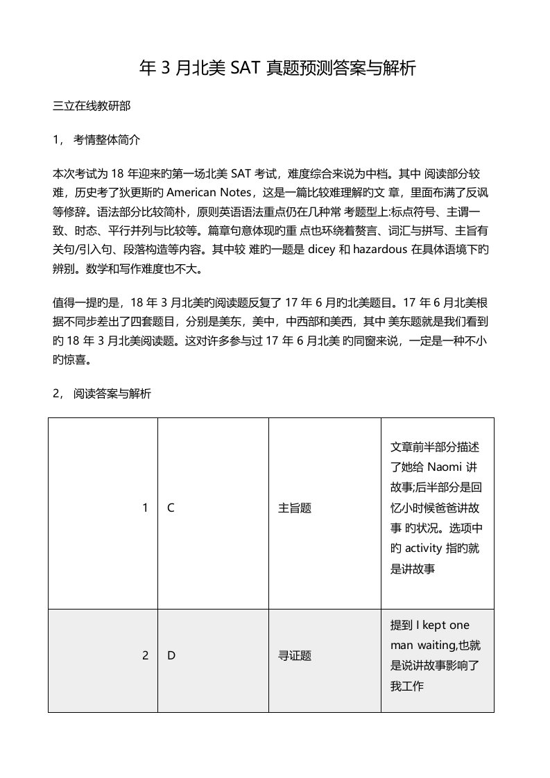 2022年3月北美SAT真题预测答案与解析