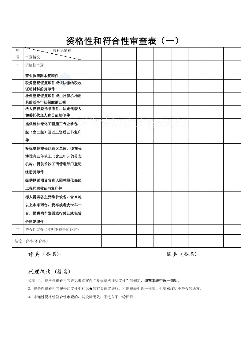 招标管理资格性符合性审查表（通用范本）