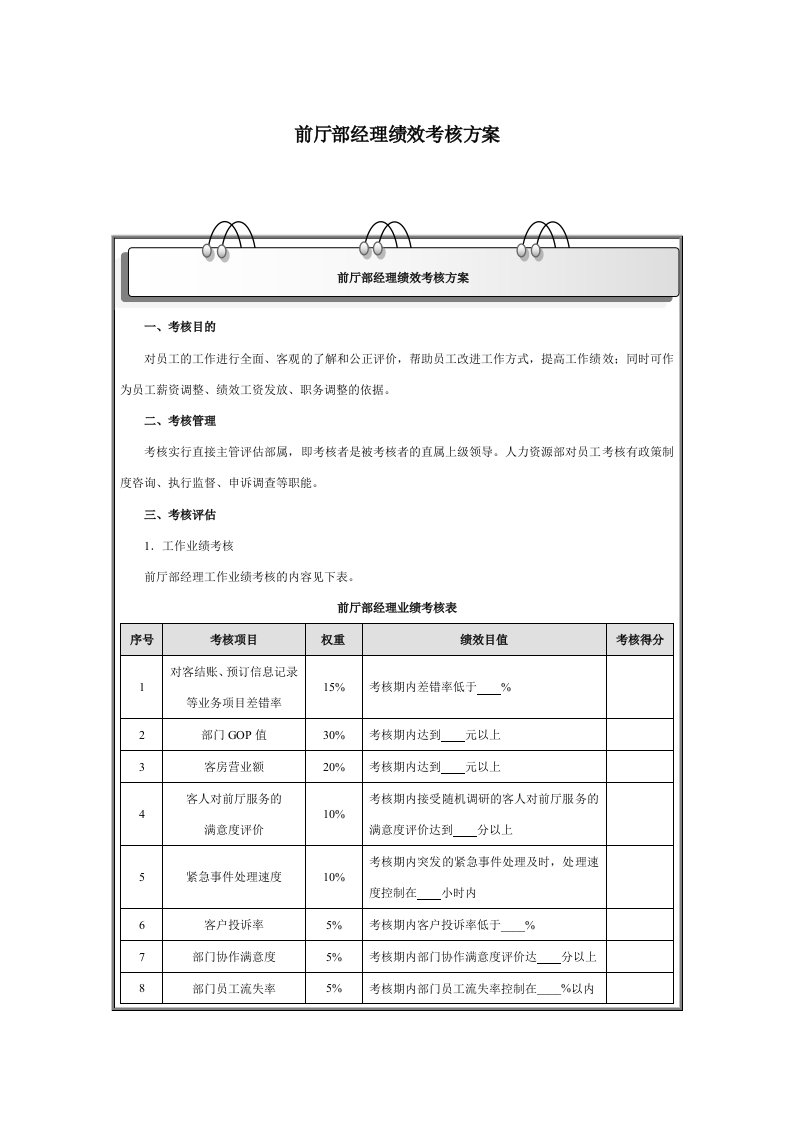 前厅部经理绩效考核方案