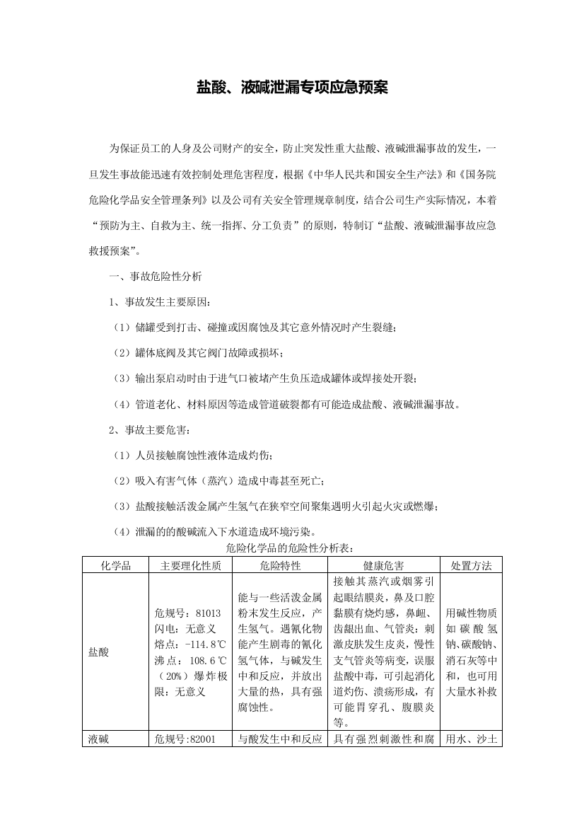 盐酸液碱泄漏应急预案