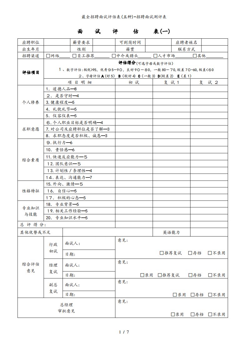 最全招聘面试评估表(五种)-招聘面试测评表