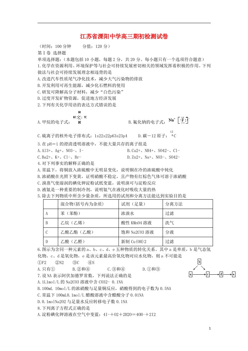 江苏省溧阳中学高三化学上学期期初检测试题苏教版