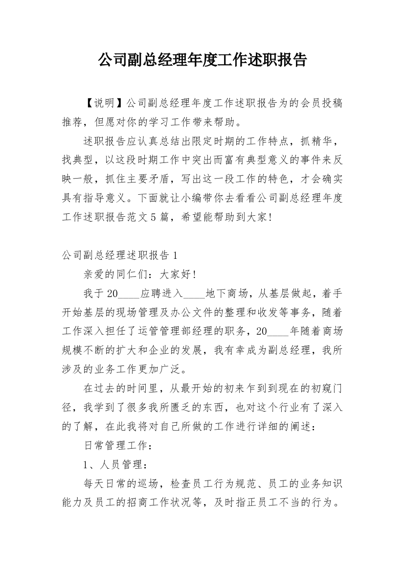 公司副总经理年度工作述职报告