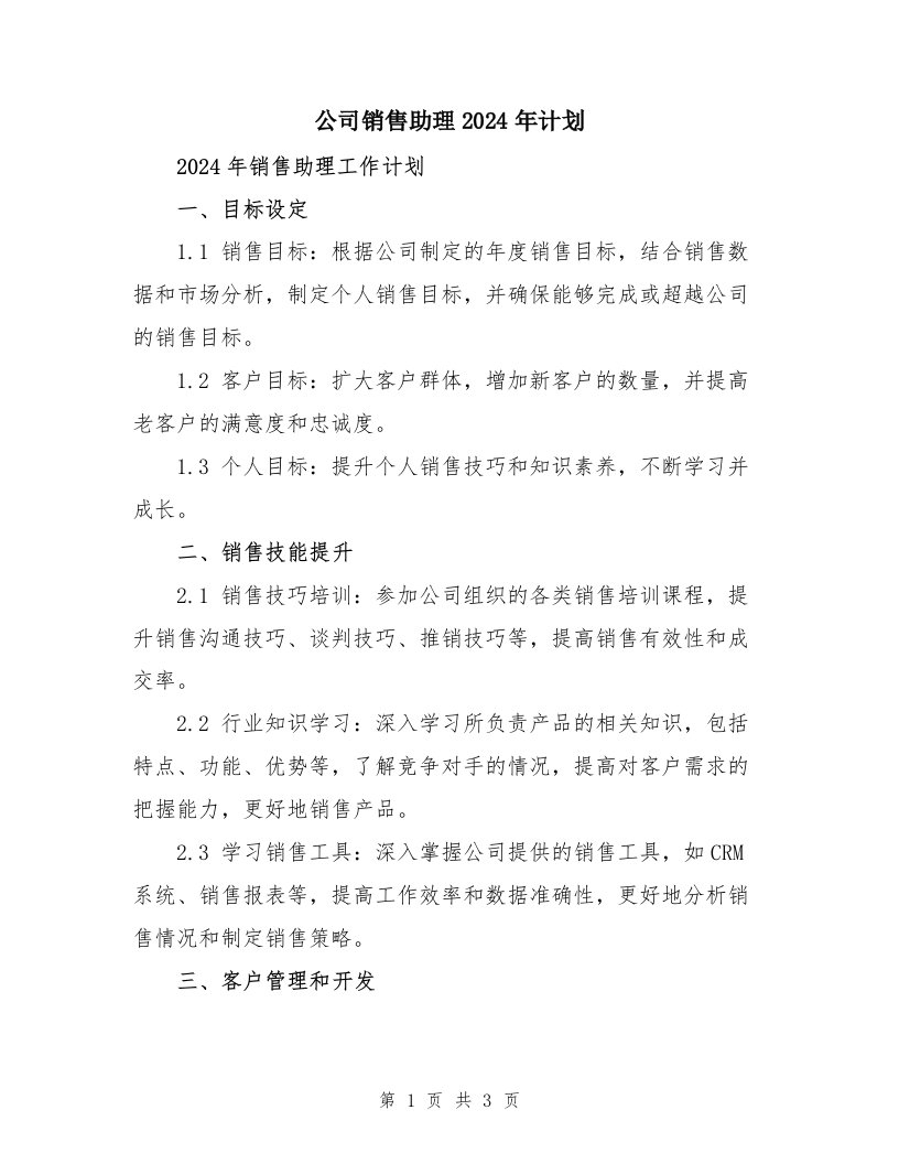 公司销售助理2024年计划