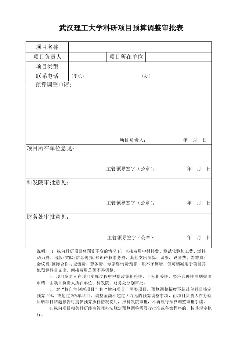 武汉理工大学科研项目预算调整审批表-武汉理工大学自主创新