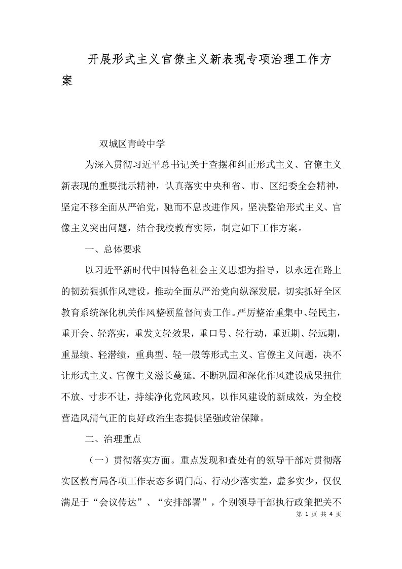 开展形式主义官僚主义新表现专项治理工作方案（三）