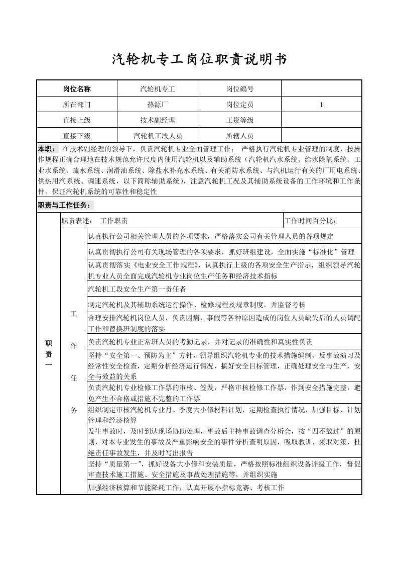 汽轮机专工岗位职责说明书