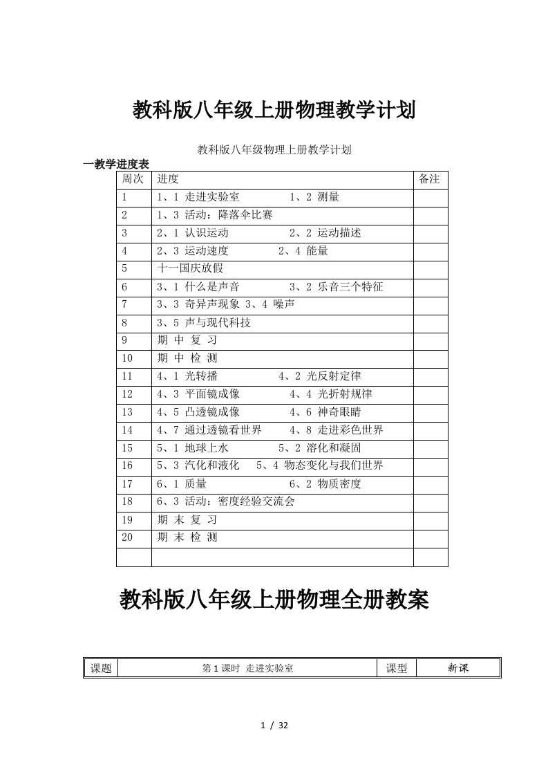 集体备课教科版八年级上册物理全册教案