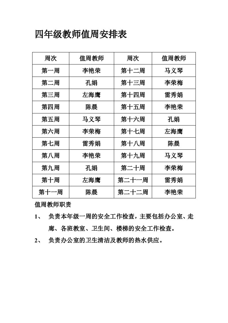 教师值周表