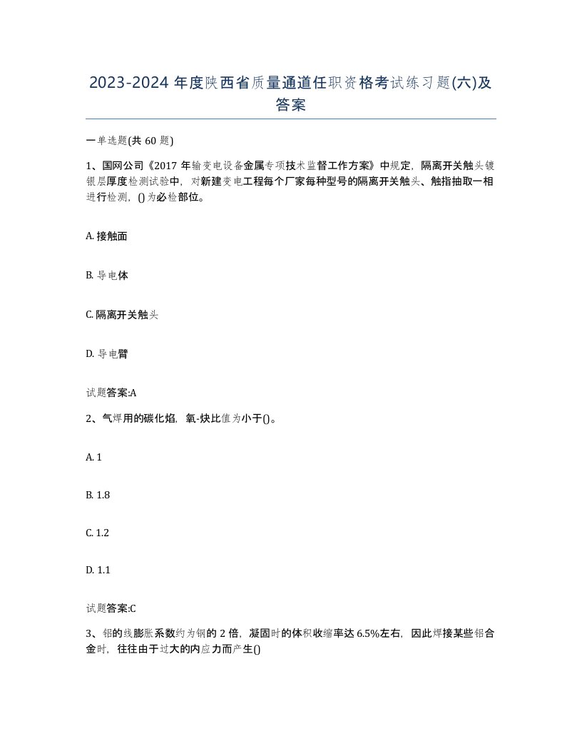 20232024年度陕西省质量通道任职资格考试练习题六及答案