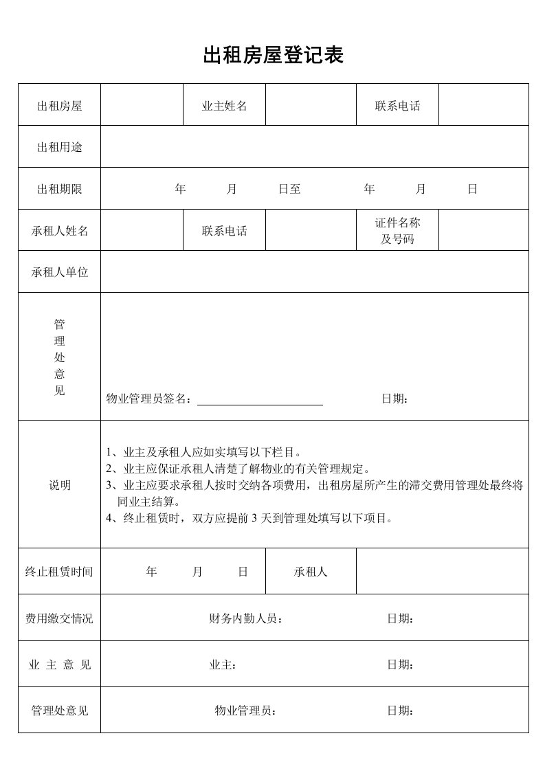 物业管理表格-出租房屋登记表