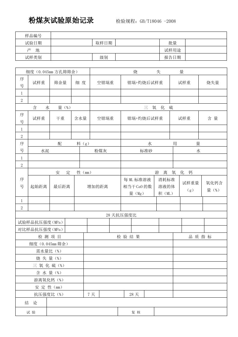 粉煤灰试验原始记录表