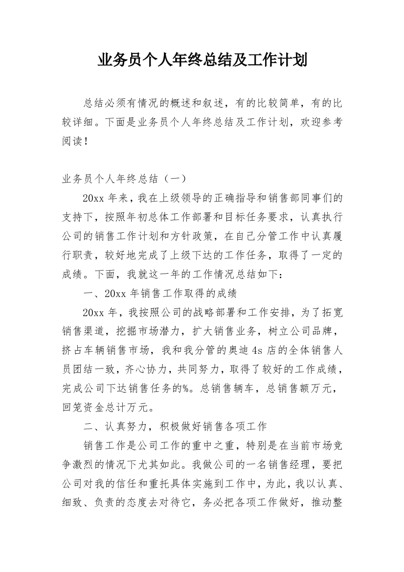 业务员个人年终总结及工作计划