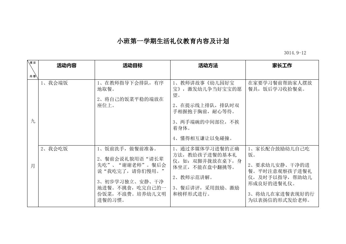 小班第一学期生活礼仪教育计划