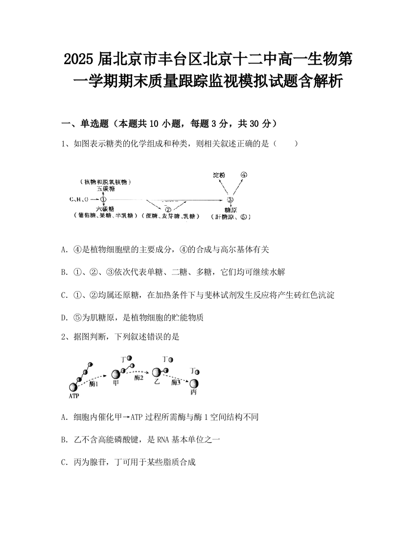 2025届北京市丰台区北京十二中高一生物第一学期期末质量跟踪监视模拟试题含解析