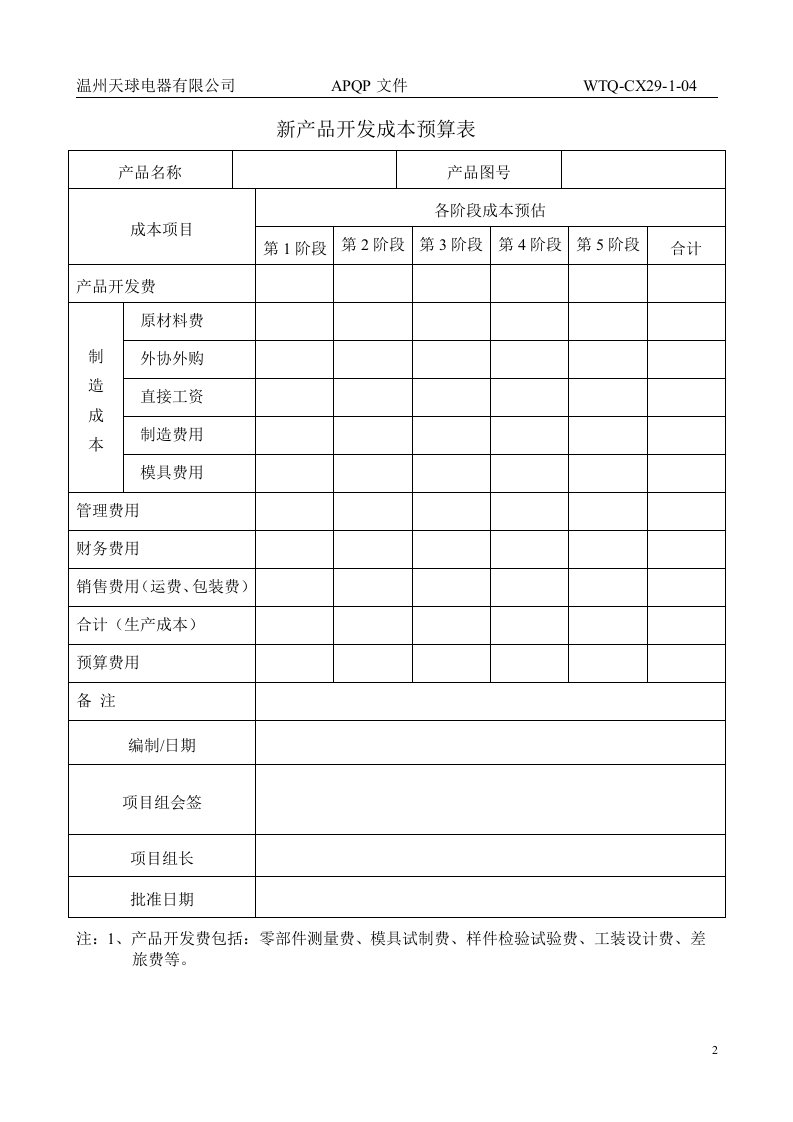 1.4新产品开发成本预算表