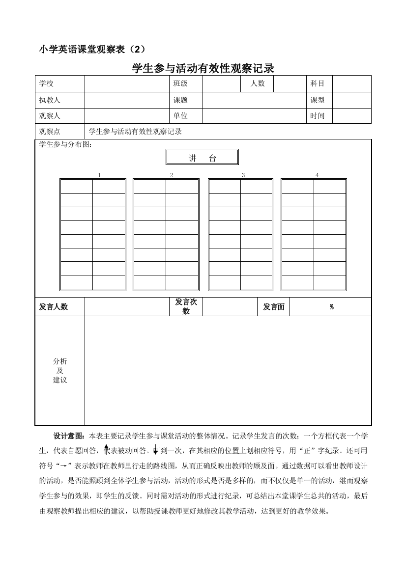 小学英语课堂观察表2(学生参与活动有效性观察记录)