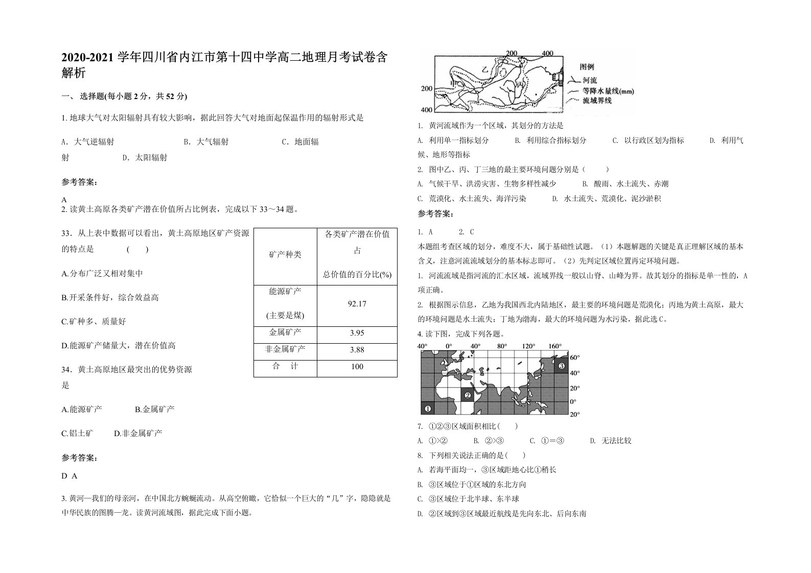 2020-2021学年四川省内江市第十四中学高二地理月考试卷含解析