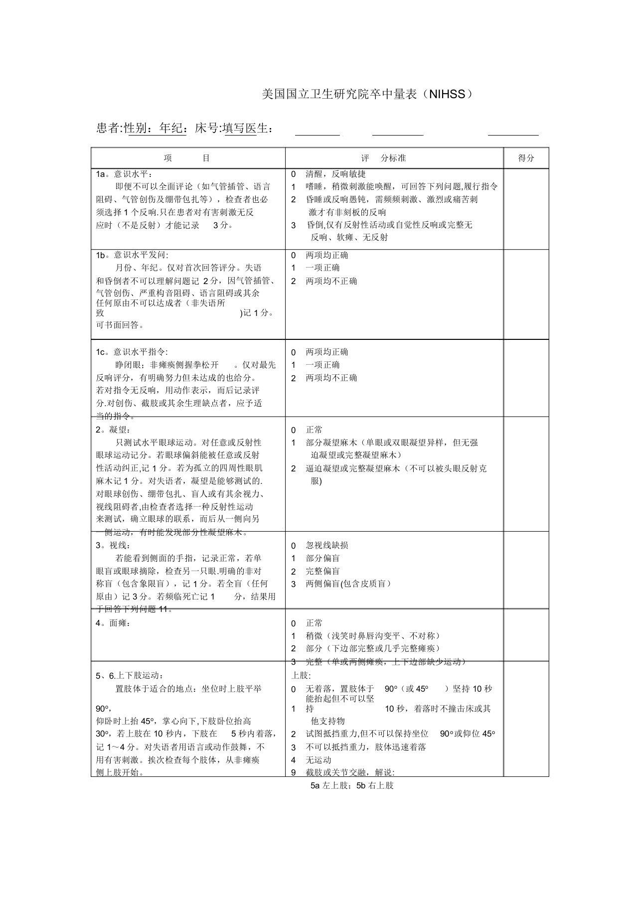 NIHSS评分量表