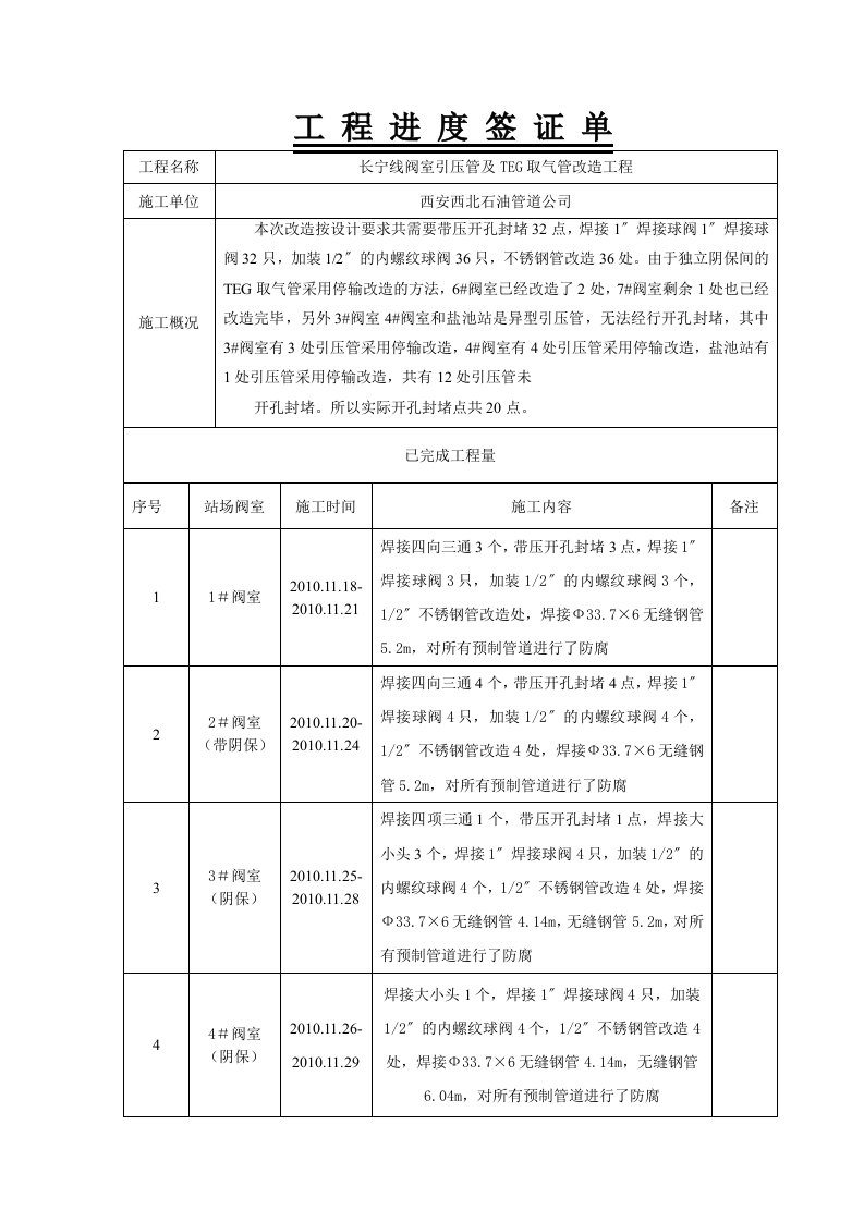 工程进度签证单