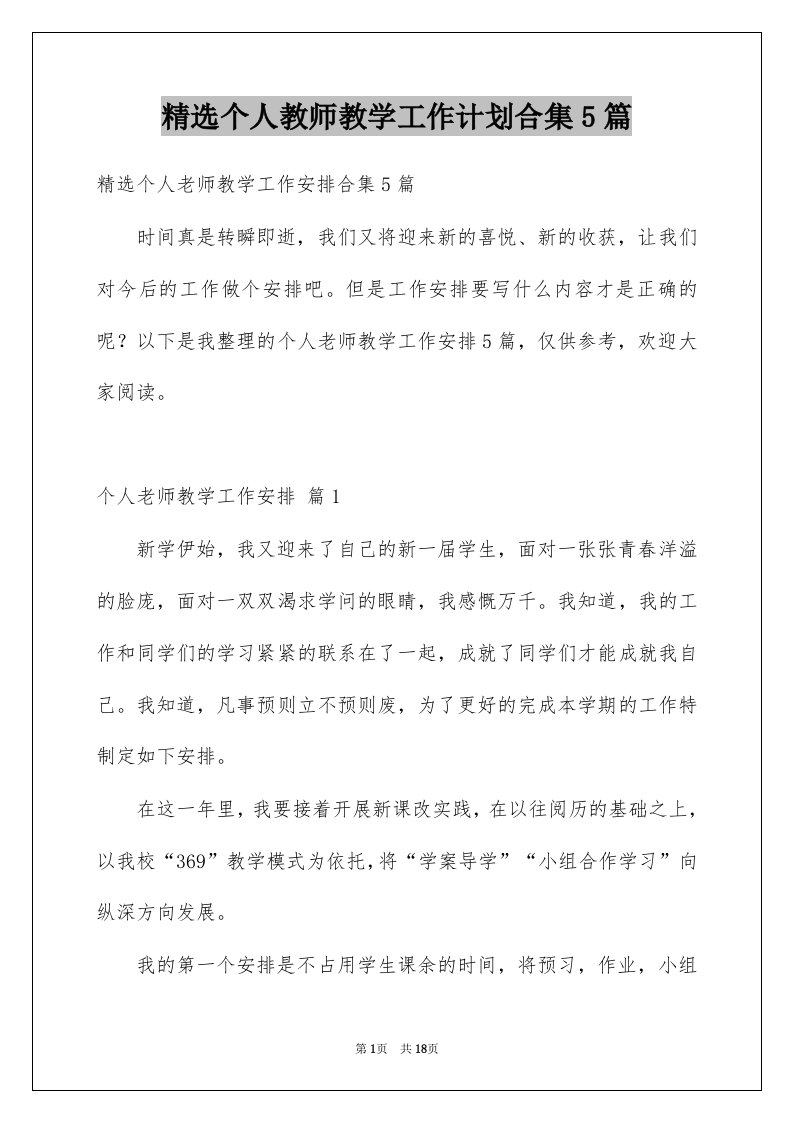 个人教师教学工作计划合集5篇